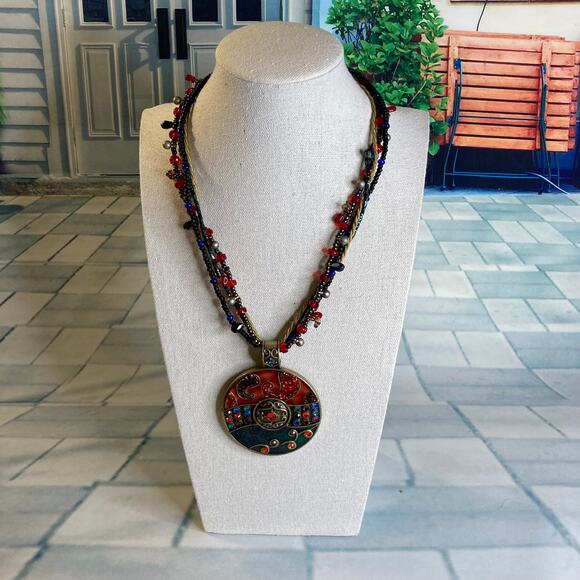 0114 Chico's Boho-Style Multi-Strand Necklace w/Rhinestone-Accented Pendant - Picture 1 of 6